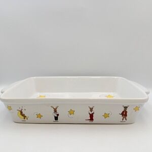ABC Distributing Reindeer Christmas Ceramic Baking Dish 13x9 White Yellow Stars